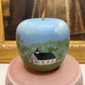 Vintage Hand Painted Solid Wood Apple Decoration Primitive Country Scene Signed